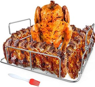 RUSFOL Beercan Chicken Roaster and Rib Rack with a Silicone Oil Brush, Square Stainless Steel BBQ Stand for Smoker,Oven and Grill, Cook Up to 4 Ribs and a Whole Chicken at a time