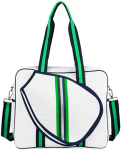 Queen of the Court Pickleball Bag, Pickleball Bag with Fence Hook, pickleball tote, Pickle Ball Bags for Women, Cute Pickleball Bag (White Navy/Green/Silver)
