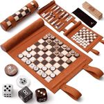 Woodronic 3 in 1 Travel Chess Backgammon Checkers Set, Roll-up Leather Backgammon Set with 32 Premium Pearl Pieces and 5 Dices, Portable Travel Chess Board Game Set for Adult,13x10 Inch