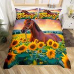 Erosebridal Horse Duvet Cover Full Size Sunflower Floral Comforter Cover Animal Bedding Set Natural Sunset Landscape Quilt Cover,Decorative 3 Pcs Bedding Set (1 Duvet Cover 2 Pillowcases)