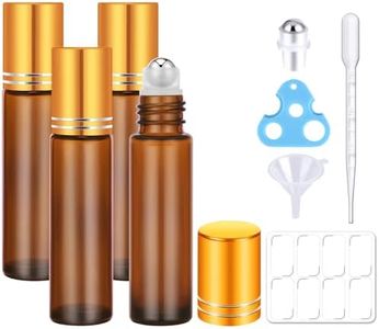 4 Pack, Essential Oil Roller Bottles, Amber Glass Roller Balls for Essential Oils, 10ml Empty Rollerball Bottles for Travel Refillable Roll on Perfume Bottles with Caps