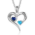 Personalized silver heart necklace with 2 names Relationship necklace with simulated birthstones name engraved personalised heart pendant for Women (Silver)