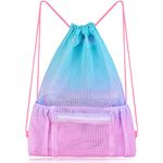 Mesh Drawstring Bag with Zipper Pocket, Beach Bag for Swimming Gear Backpack Gym Storage Bag for Adult Kids Pink Blue