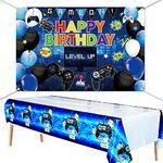 Video Game Happy Birthday Backdrop and Table Cover Set - Gaming Theme Party Photo Props with Plastic Tablecloths Decorations for Kids Gamer Video Game Themed Birthday Party Supplies