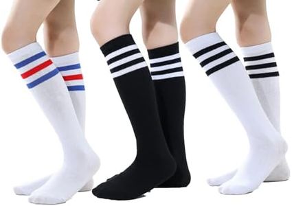 TOCONFFON Knee High Tube Socks for Boys Girls Teens, Kids Soccer School Cotton Uniform Sports Socks 3,4 Pairs(Black&white&white 3 Pairs,12-18)