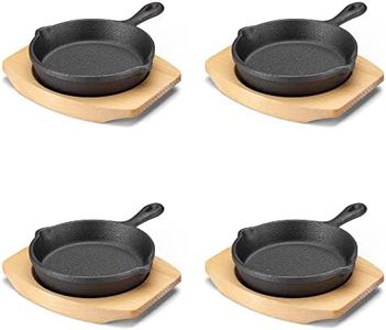 Navaris Mini Cast Iron Skillet with Wooden Base (Set of 4) - Cast Iron Frying Pan Mini Skillet with Protective Wood Base - Heavy Duty Metal Skillet Weighing 426g