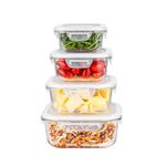 Innoteck Essentials 4pc Square Glass Storage Container Set with Snap Lock Lids - Watertight & Airtight Lids - Heat & Cold Resistant Glass - Microwave, Oven, Freeze & Dishwasher Safe - for Meal Prep