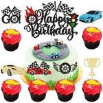 Gyufise 25Pcs Car Happy Birthday Cake Topper Race Car Cupcake Toppers Racing Car Theme Cake Decoration for Trophy Flag Race Car Theme Kids Birthday Party Supplies