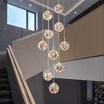 KAUCQI 10-Light Stairs Chandeliers Modern, 50W High Ceiling Chandelier Staircase, LED Staircase Chandelier, Chandeliers for High Ceiling, Glass Ball Chandelier, Adjustable Length, 16" W x79 H-Grey