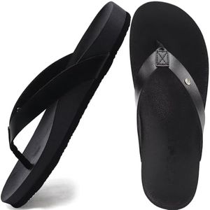 ONCAI Womens Flip Flops For Women Comfortable Leather Strap Yoga Mat Non-Slip Women's Thong Sandal Casual Summer Beach Slippers With Arch Support Black Size 9.5