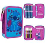 Disney Filled Pencil Case with Stationery for Kids, School Supplies Colouring Pencils, Markers - Gifts for Girls (Blue/Pink Stitch Double Zip)