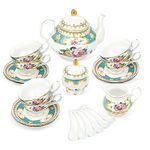 fanquare 21 Pieces Blue Vintage Porcelain Tea Service, Rose Ceramic Coffee Set, Flower Afternoon Tea Set for Adults