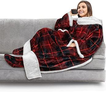 PAVILIA Sherpa Blanket with Sleeves, Foot Pocket for Women Men Adults, Thick Wearable Blanket Throw Wrap, Fleece Warm Snuggle Blanket Robe, Cozy Gift Ideas Wife Mom, Plaid Red