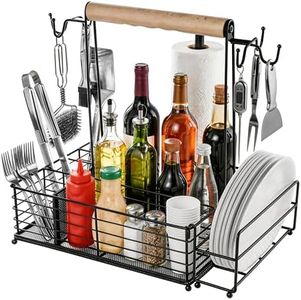 Lanryn Grill Caddy with Paper Towel Holder, BBQ Caddy for Outdoor Grill, Camping Essentials Picnic Condiment Utensil Organizer, RV Camper Must-Have, Grilling Gifts for Men