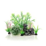 JIH Aquarium Fish Tank Plastic Plants and Cave Rock Decorations Decor Set 7 Pieces, Small and Large Artificial Fish Tank Plants with Cave Rock