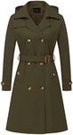 CREATMO US Women's Long Trench Coat Double-Breasted Classic Lapel Overcoat Belted Slim Outerwear Coat with Detachable Hood, Army Green, X-Small