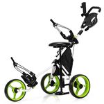 COSTWAY 3 Wheel Golf Push Pull Cart, Lightweight Foldable Golf Trolley with Detachable Stool, 4 Height Position Handle, Adjustable Umbrella Stand, Storage Bag, Cup Holder and Foot Brake (Green)