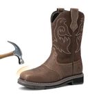 NORTIV 8 Men's Steel Toe Cowboy Boots Western Square Toe Safety Work Boots with Hazard Protection, for Construction Farming Riding Ranch Bronco Trailblazer,Size 10,Dark Brown,SNIC2432M