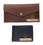 AICA Personalized Name, Charm & Color Couple Wallet For Men & Women Combo Gift Set | Marriage Wedding Anniversary Gift For Couples Friend Husband Wife,Brown