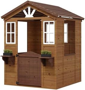 Cedar Wooden Kids Playhouse with Play Kitchen, Wooden Adventures Cottage for Backyard, Outdoor Toddler Playhouse for Kids with Vinyl Roof
