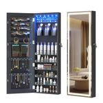 LVSOMT LED Mirror Jewelry Cabinet, Wall/Door Mounted Jewelry Organizer Armoire, Full Length Mirror with Jewelry Storage, Over the Door Hanging Jewelry Cabinet with Lights (Black)