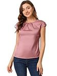 Allegra K Women's Silky Blouse Round Neck Pleated Business Casual Elegant Top Dusty Pink Small