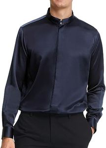 LilySilk 100% Silk Mens Classic Shirt Long Sleeves Shirt with Stand-up Collar, Hidden Buttons & Concealed Placket Formal Casual All Seasons Navy Blue L