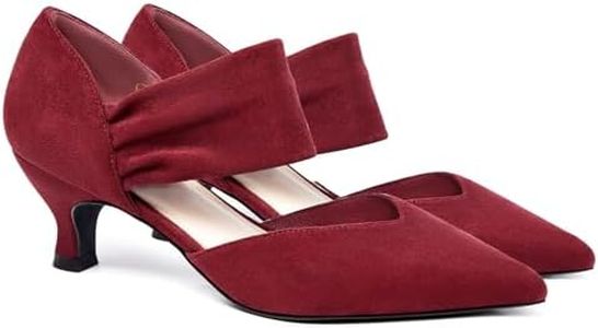Coutgo Womens Low Kitten Heel Dress Shoes Pointed Toe Slip on Ankle Strap Cutout Elegant Party Wedding Pumps, Wine Red, Size 6