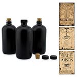 Cornucopia Black 16-Ounce Glass Apothecary Bottles (3-Pack); Boston Round Bottles w/Designer Labels Ideal for Aromatherapy and DIY