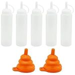 5 Pcs Squeeze Condiment Bottles, Reusable Plastic Sauce Seasoning Bottles Dispensers, 8 oz Squeezy Squirt Bottles for Ketchup Mustard Hot Sauces Oil with Funnel, Sticker Lable - White(250ml)