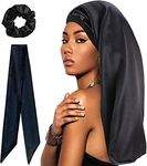 WUBAYI Silk Bonnet Hair Wrap for Sleeping,Satin Sleep Cap with Wide Elastic Band, Soft Hair Sleeping Bonnet Cap for Women and Girls Curly Hair（ Black）…