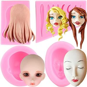 Mujiang 3D Human Face Silicone Molds Doll Hair Fondant Molds For Cake Decorating Chocolate Candy Clay Set Of 4