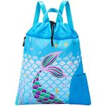 Mermaid Gym Drawstring Backpack - 38 × 45 cm Sports Gym Bag for Girls Kids Waterproof Swimming Beach Sackpack Birthday Christmas Gift with Zippered Pocket and Water Bottle Holder