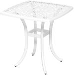 Outsunny Cast Aluminum Outdoor Side Table, 21" Square Patio End Table with Umbrella Hole, Bistro Table for Garden, Balcony, Poolside, White