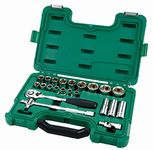 SATA ST09005SJ 20-Piece 1/2” Drive 6 Point Metric Socket Set with Quick-Release Ratchet and 3-Way Adapter, Polished, in Storage Case, Green