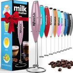 PowerLix Milk Frother Handheld Battery Operated Electric Foam Maker for Coffee, Latte, Cappuccino,Durable Drink Mixer with Stainless Steel Whisk, Stainless Steel Stand Include-Light Pink