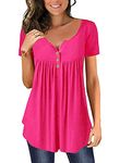 RANPHEE Womens Summer Short Sleeve Casual Shirt Hot Pink Henley V-Neck Loose Fit Tunic Tops Button Up Blouse L