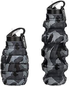 Collapsible Travel Water Bottle19.6 oz, Reuseable Silicone Foldable Water Bottles for School, Office, Gym, Camping,Hiking,Portable Leak Proof Sports Water Bottle with Carabiner (Dark gray camouflage)