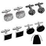 4Pairs Cufflinks for Men,Stainless Steel Classic Tone Cufflinks Black Round Square Retro Knot French Striped Cuff Link Kit Shirt Suit Button Cufflinks For Wedding Business Graduation Jewelry Gift