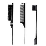 3 Pieces Hair Styling Comb Set Teasing Hair Brush Rat Tail Comb Edge Brush for Edge&Back Brushing, Combing, Slicking Hair for Women (Black)