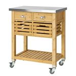 SoBuy® FKW40-N, Bamboo Kitchen Serving Trolley Storage Trolley Cart with Stainless Steel Worktop