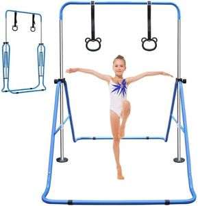 Children's Gymnastic Bar with Rings, Adjustable Height 34.8-51 inches, Blue Steel, 110 lbs Capacity