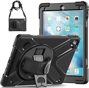 iPad Pro 9.7 Case 2016 Model A1673 | TSQ iPad Pro 9.7 Inch Case Heavy Duty Shockproof Hard Rugged Case Cover w/ 360 Degree Rotating Stand Hand Strap Shoulder Strap for iPad 9.7 Pro A1674/A1675-Black