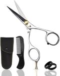 ONTAKI 5.5” Japanese Steel Beard Scissors & Mustache Scissors - Ergonomic Bent Handles Design Beard Scissors for Men with 1 Comb & Carrying Pouch Hand Forged Facial Hair (Ergonomic Silver (Left Hand))