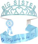 Baby Shower Decoration for Big Sister To Be, Premium Metal Blue Tiara + Blue Sash + Premium Metal Big Sister Blue & White Pin, Maternity Gift for Her, 3 Piece Set, Metal
