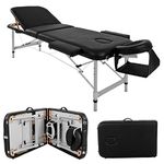 BTM Portable Massage Bed Table, Couch Bed Aluminium Deluxe Lightweight Professional Beauty Tattoo Spa Reiki Folded 3 Section with PU Leather and Density Headrest Arm support,with Carry Bag (Black)