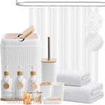 20PCS White Bathroom Accessories Set with White Shower Curtain,Bath Towel,Trash Can,3PCS Lotion Soap Dispenser,Toothbrush Holder,Soap Dish,Tumbler Cup,6PCS Wood Tags Bath Accessories with Tray