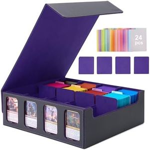 Venssu Card Storage Box for Trading Cards with Card Supporters, 3000+ MTG Deck Box with 24 Colorful Divider Tabs, Trading Card Storage with Viewing Windows Fits for Magic Game(Black and Purple)