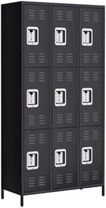 GarveeHome 9 Doors Metal Office Storage Cabinet, Metal Lockers for Employees with 27 Hooks and 9 Shelves, 72 Inch Tall Steel Storage Cabinet Locker for Home, Office, Gym, School, Black