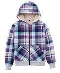 ThCreasa Girls Sherpa Fleece Lined Zip Up Hoodie Jacket, Kids Warm Plaid Sweatshirt Outerwear Purple L(10-12)